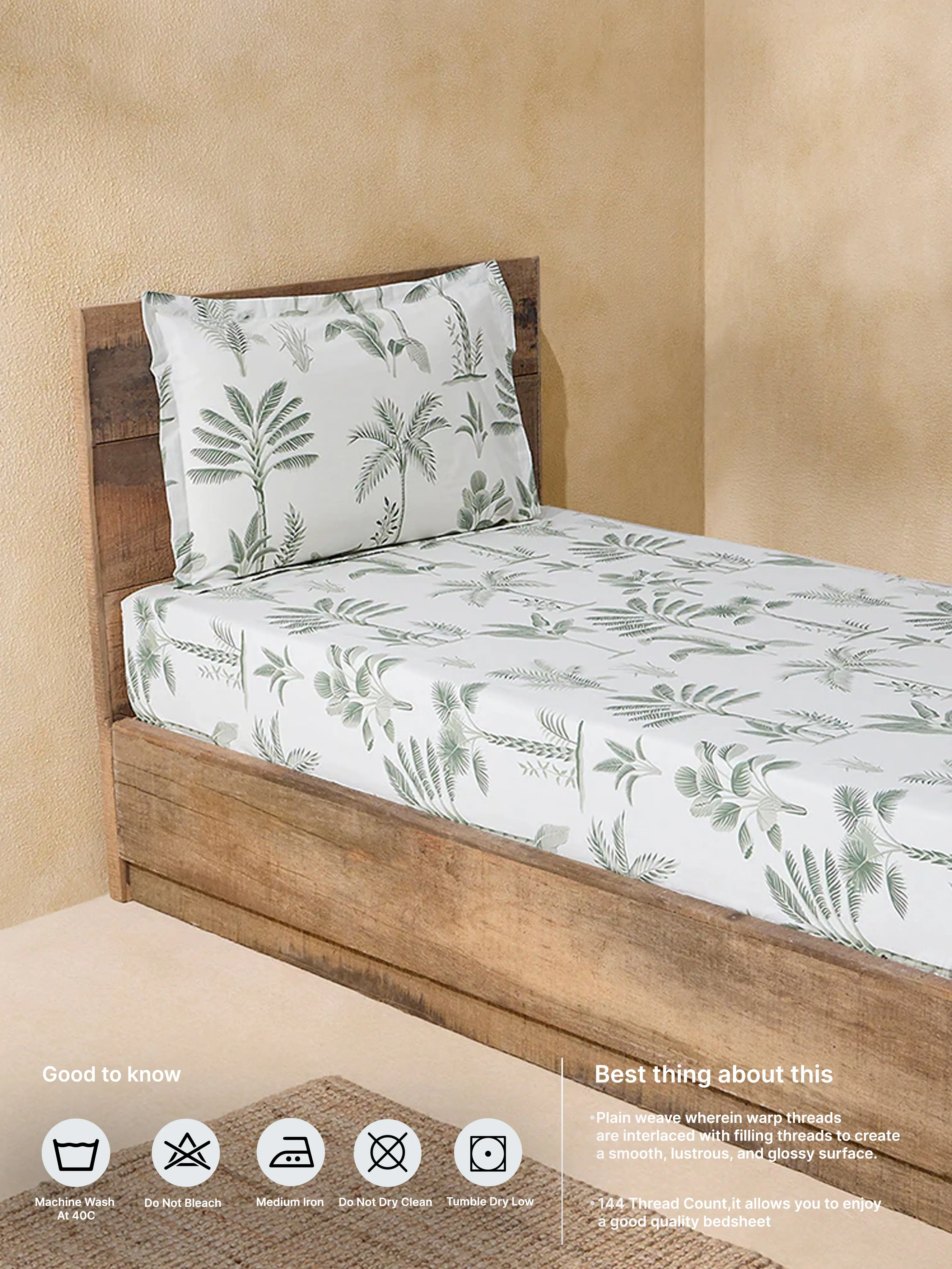 Westside Home Sage Botanical Design Single Bed Fitted Sheet and Pillowcase Set