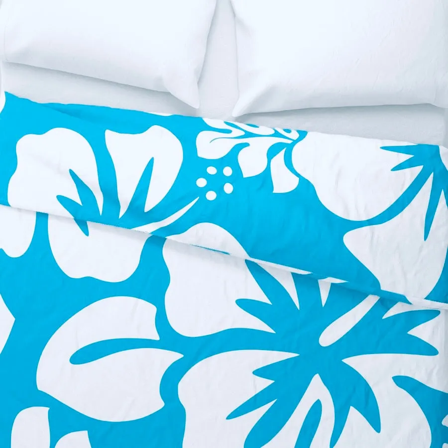 White Hawaiian Hibiscus Flowers on Aqua Blue Duvet Cover -Large Scale