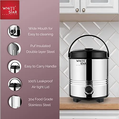 WHITESTAR Stainless Steel Hot and Cold Water Jug/Containers with Leak Proof Tap I PUF Inuslated Hot Water/Tea/Milk Containers I Insulated Water Jug 5 Liters with Easy to Carry Handle (5 Liters)