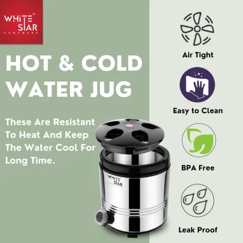 WHITESTAR Stainless Steel Hot and Cold Water Jug/Containers with Leak Proof Tap I PUF Inuslated Hot Water/Tea/Milk Containers I Insulated Water Jug 5 Liters with Easy to Carry Handle (5 Liters)