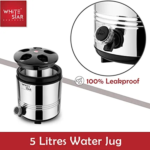 WHITESTAR Stainless Steel Hot and Cold Water Jug/Containers with Leak Proof Tap I PUF Inuslated Hot Water/Tea/Milk Containers I Insulated Water Jug 5 Liters with Easy to Carry Handle (5 Liters)