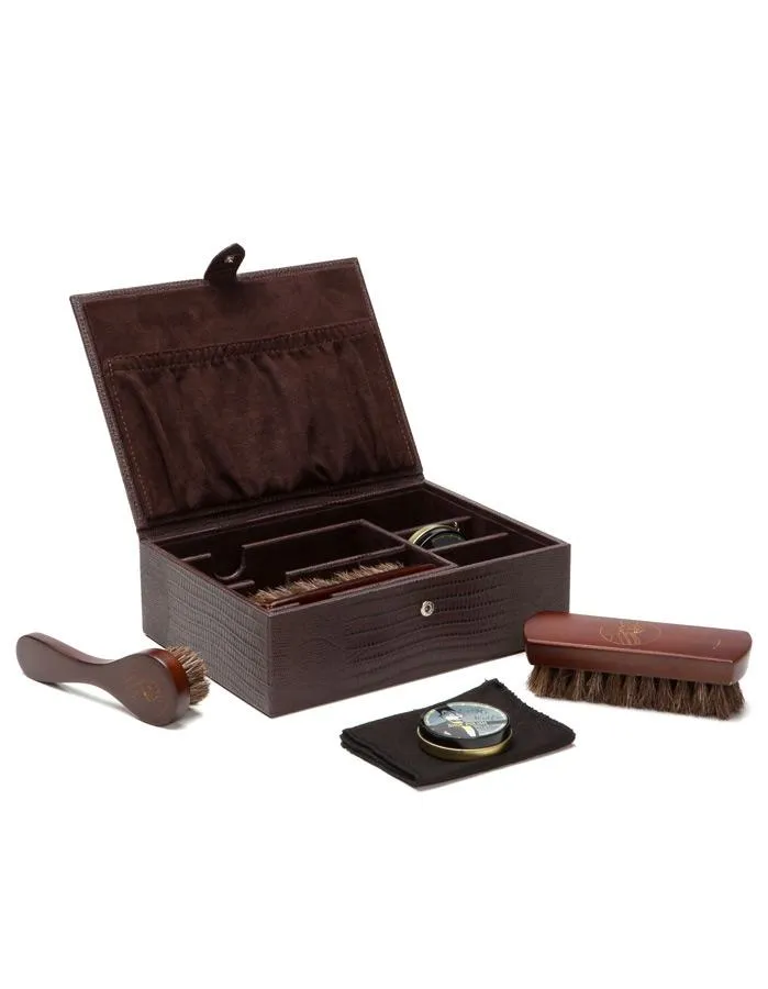 WOLF Blake Shoe Shine Kit - Genuine Brown Lizard Leather - Shoe Polish & Brushes