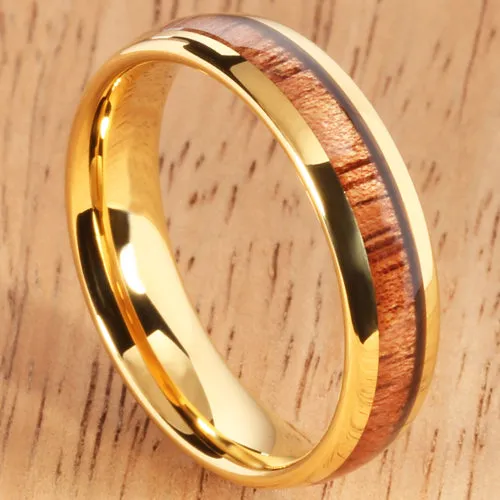 Yellow Gold Tungsten Natural Hawaiian Koa Wood Inlay Tungsten Dome Wedding Ring 6mm