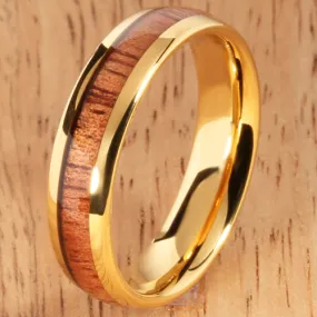 Yellow Gold Tungsten Natural Hawaiian Koa Wood Inlay Tungsten Dome Wedding Ring 6mm