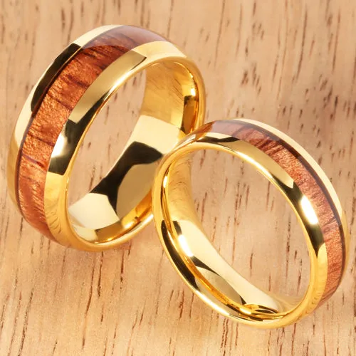 Yellow Gold Tungsten Natural Hawaiian Koa Wood Inlay Tungsten Dome Wedding Ring 6mm